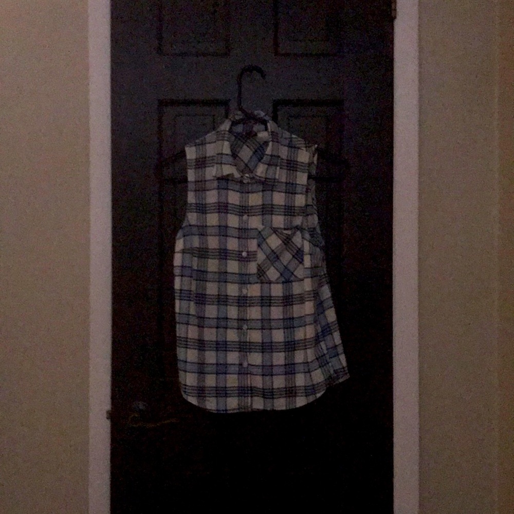 Blue and white checkered button up shirt.